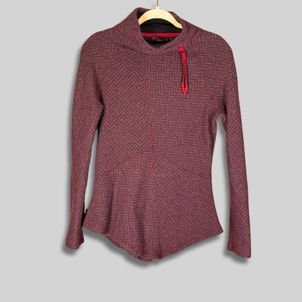 PrAna Mattea Pullover Sweater Knit Wool Blend Chevron Funnel Neck Red Plum W S